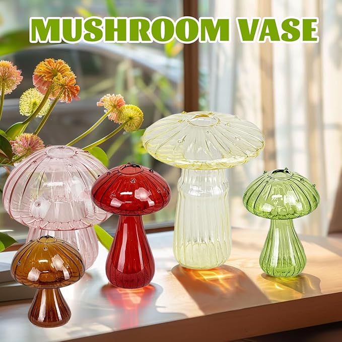 5 Pcs Mushroom Glass Planter for Plants, Stylish Unique Mushroom Vase for Home Decoration,Colorful Propagation Jars,Ideal Gardening Companion and Creative Floral Arrangement