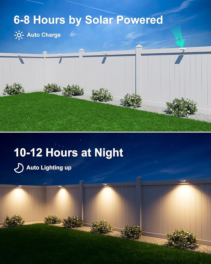 4 Pack Solar Powered Gutter Lights Outdoor Decorative Waterproof 12 LEDs Yard Lamp for Fence, Railing, Outside Wall, Deck, Garden, Path, Backyard, Walkway, Patio, No Drilling Installation (Warm White)