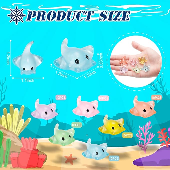 60 Pcs Miniature Sting Ray Figurines Mini Manta Ray Figure Realistic Resin Sting Ray Cake Topper Mini Sting Ray Sea Animal Figurine for Fairy Garden Micro Landscape Decor Cake Topper