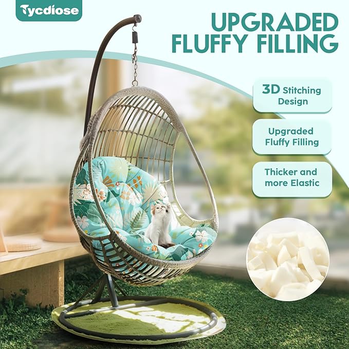 Egg Chair Cushion Replacement, Waterproof Outdoor Hanging Egg Swing Chair Cushions Pads, U-Shaped Thickened Cushions for Hanging Eggs Chair with Ties, 47x33x7 Inches (Cyan Floral Leaf)