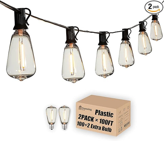 DAMAING Outdoor String Lights 200 FT Waterproof Patio Lights with 102 ST38 Shatterproof LED Bulbs, Dimmable Vintage Edison String Lights for Outside House Backyard Porch Gazebo Party,2-Pack x 100ft