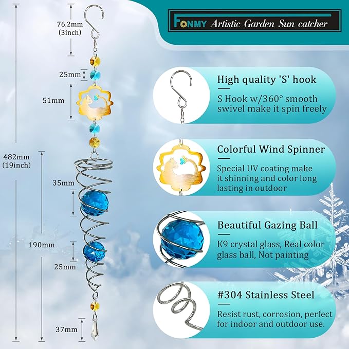 FONMY Cat Gazing Ball Spiral Tail Wind Spinner Sun Catcher Rainbow Maker Silver Spiral W/Blue K9 Crystal Ball Tree Hanging Ornament Indoor Outdoor Garden Decor. 19.5inch H
