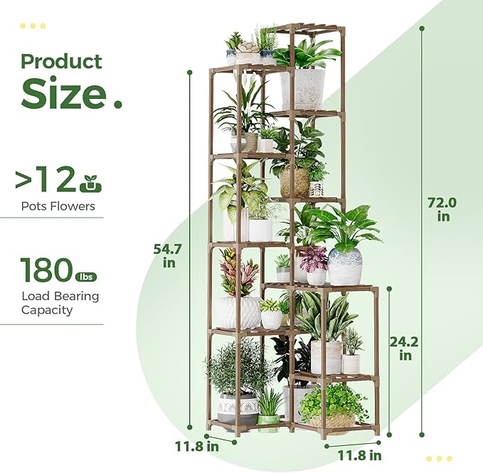 Bamworld 72" Tall Plant Shelf Indoor Outdoor Corner Plant Stand Large Plant Table Wood Plant Holder for 10 Pots Multiple Plants Patio Balcony Garden Office Home Decor