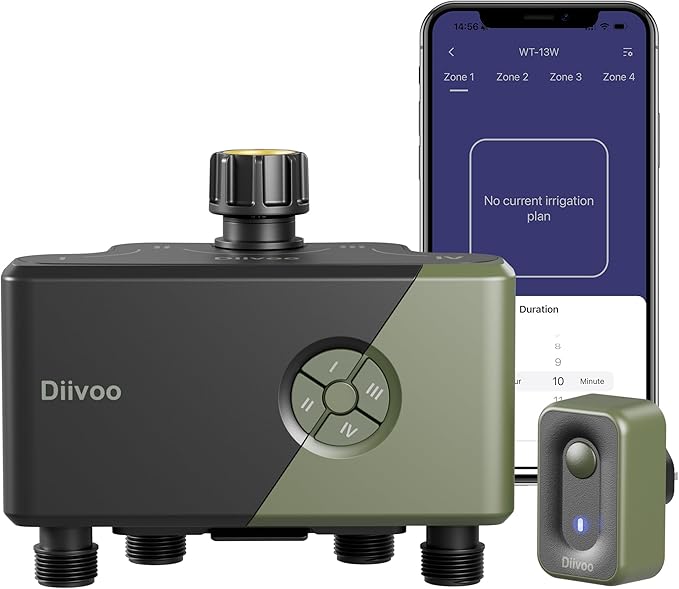 Diivoo WiFi Water Timer 4 Outlets, Smart Sprinkler/Hose/Tap Timer Compatible with Alexa & 24 Irrigation Plans & Rain Delay, Garden Watering Systems Controller with 2 Watering Modes for Lawn Yard