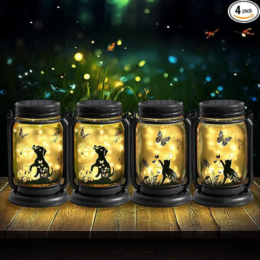 4 Pack Outdoor Hanging Solar Lantern, Cat & Dog Butterfly Theme Vintage Glass Mason Jar Solar Fairy Lights, Gifts for Mom, Father, Waterproof Garden Lights for Patio Yard Lawn Tree Party Decor
