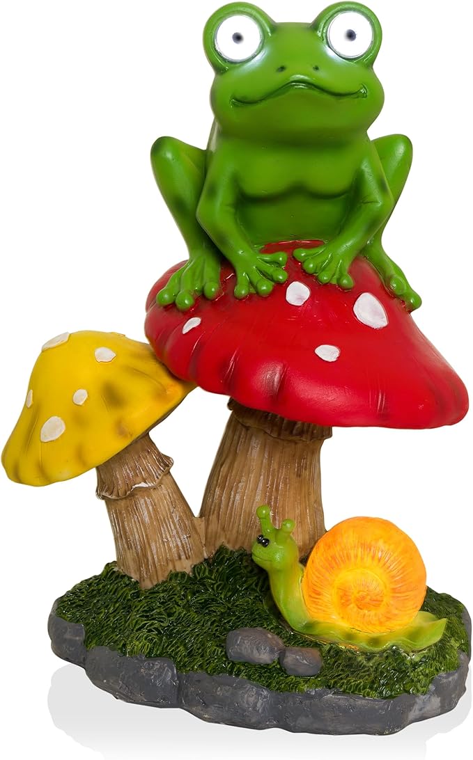 Alpine Corporation ZEN390SLR-S Frog on Mushroom Statue with LED Lights, Solar-Powered LED Frog Garden Statue, 12" H, Green