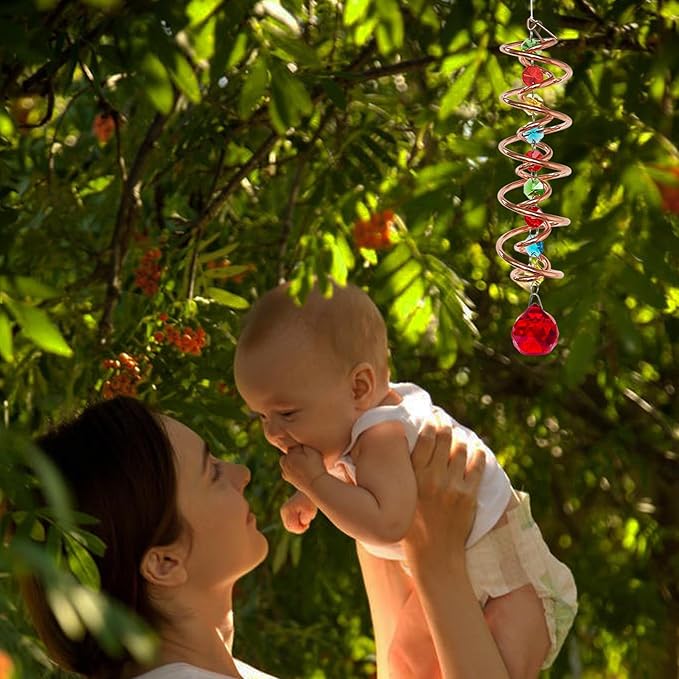 FONMY Gazing Ball Spiral Tail -Decorative Wind Spinner Sun Catcher Rainbow Maker Copper Double-Spiral W/Red Crystal Ball and Chain Crystals Beads for Indoor Outdoor Garden Decoration -14 inch Height