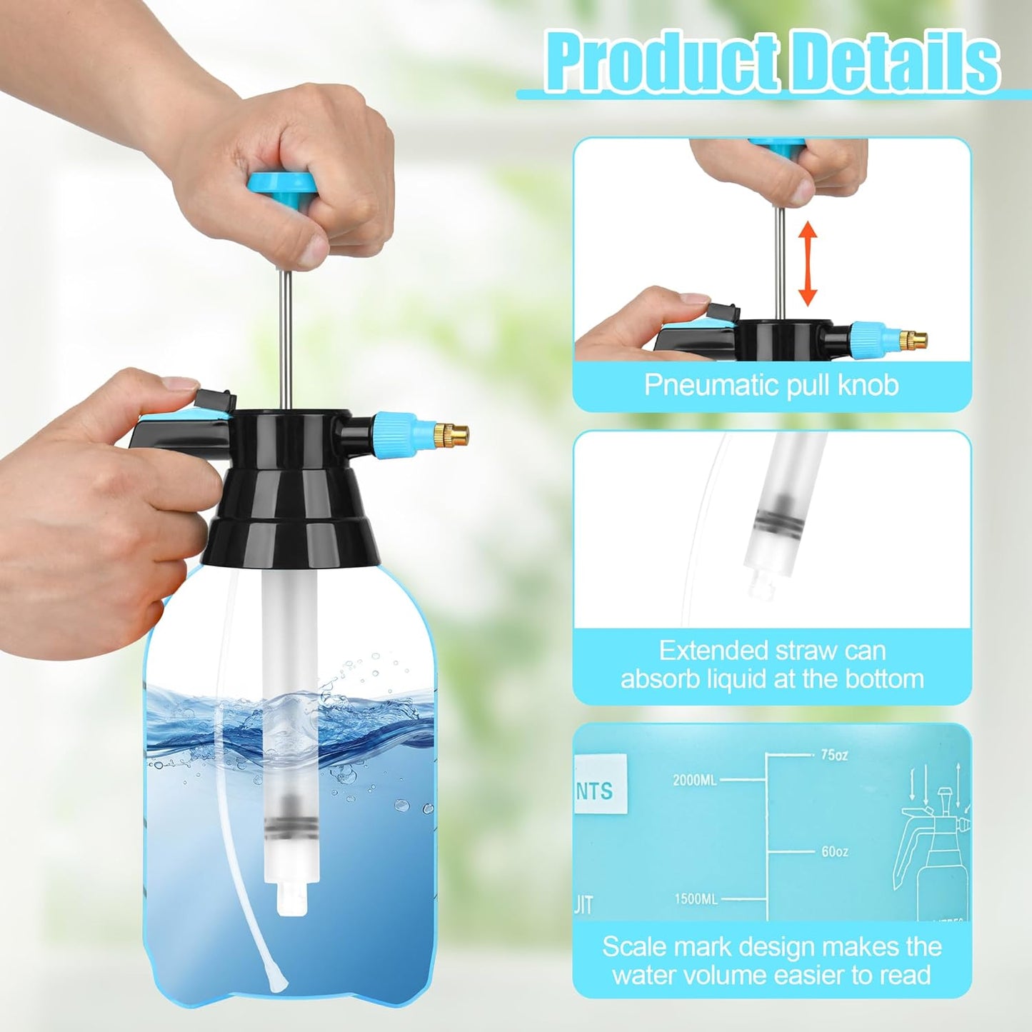 3 Pcs 1/2 Gallon Plastic Handheld Pump Sprayer – Garden Pressure Sprayer Bottle with Adjustable Nozzle for Plants, Cleaning, Household Tasks –Blue