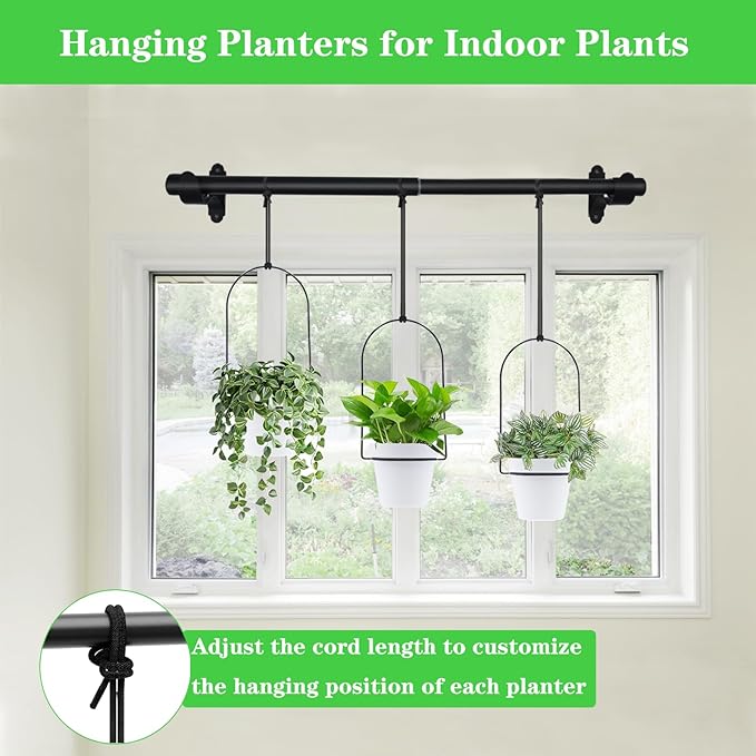 DOUBFIVSY Hanging Planters for Indoor Plants Plant Hanger, Adjustable Hanging Window Planter Hanging Wall Planter for Garden, 25in Plant Shelves Metal Holder Rod with Pots (Black)