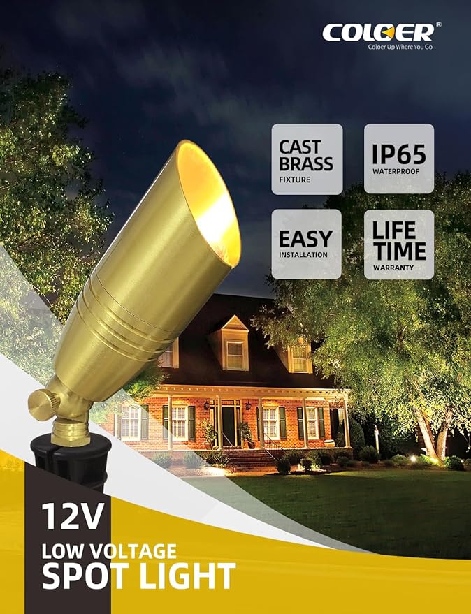 COLOER Die-cast Brass Landscape Spotlight 12-Pack Without Bulb,12V AC/DC Low Voltage Copper Outdoor Lighting with Ground Stake, Directional Garden Patio Spot Up Light (102B Brass Finish)
