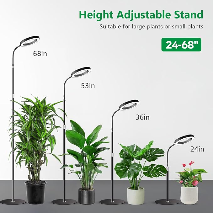 Grow Lights for Indoor Plants, Full Spectrum Floor Standing Plant Lights with 68" Stand for Growing Large Tall Plants, Black Halo LED Plant Grow Light with 6/12/16H Timer