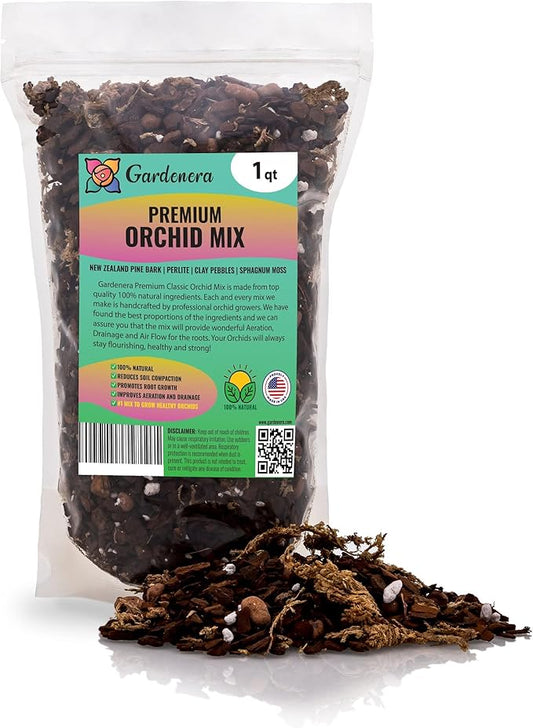 Organic Premium Orchid Soil Mix by Gardenera - Hand Mixed Classic Sphagnum Moss Potting Soil Mix - for Phalaenopsis Orchid - 1 Quart - Made in USA