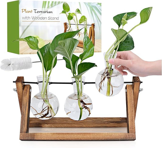 Plant Propagation Station, Plant Terrarium with Wooden Stand, Unique Gardening Birthday Gifts for Women Plants Lovers, Home Office Garden Decor Planter - 3 Bulb Glass Vases