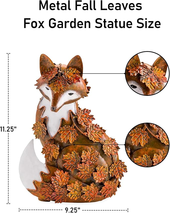 Elenon Outdoor Metal Fox Statue Art Decoration, Garden Handcrafted Standing Fox Ornament Decor with Fall Leaves, Mid Century Fox Figurine Decor for Patios, Lawns, Flower Bed