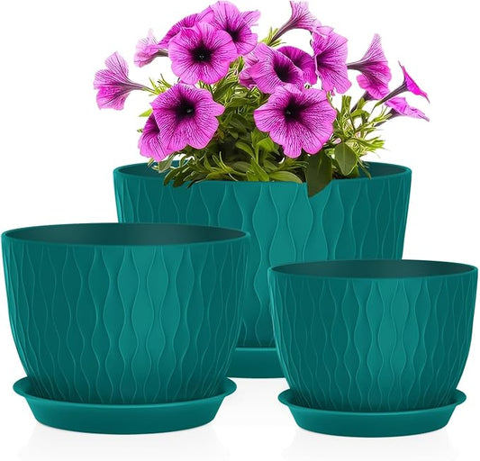 Plant Pots 12/10/9 Inch Pots, Set of 3 Plastic Planters with Drainage Holes and Saucers,Plastic Flower Pots,Nursery Planting Pot for Indoor Out Door Plants（Teal）
