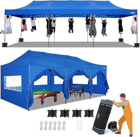 COBIZI 10x30 Pop up Canopy Tent 10x30 Canopy with Sidewalls, Heavy Duty Party Tent Tents for Parties, Foldable UPF 50+ Waterproof Commercial Easy up Canopy with Wheeled Bag, Blue(Frame Upgraded)