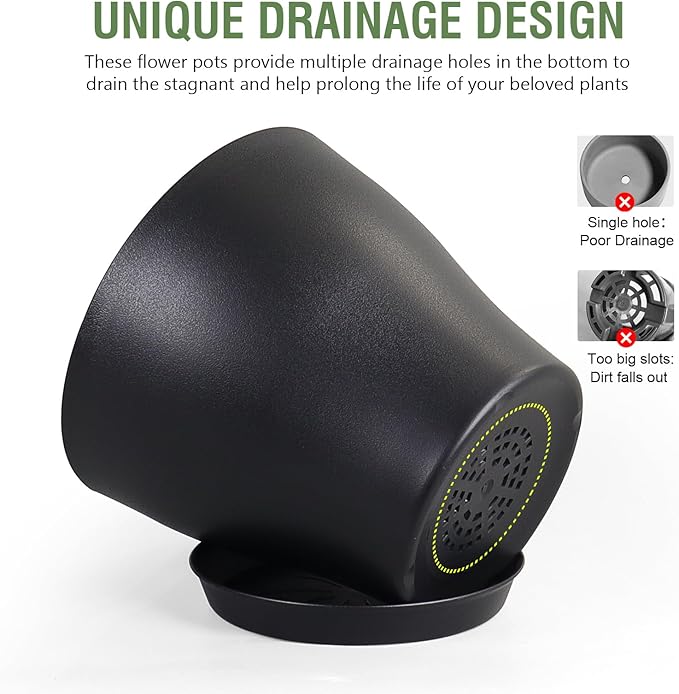 6 inch Plastic Nursery Pots, 16 Pack Plant Pots for Small Indoor Outdoor Plants, Flower Pots with Drainage Holes and Saucers, Decorative Seedling Starter Planters for House Plants, Black