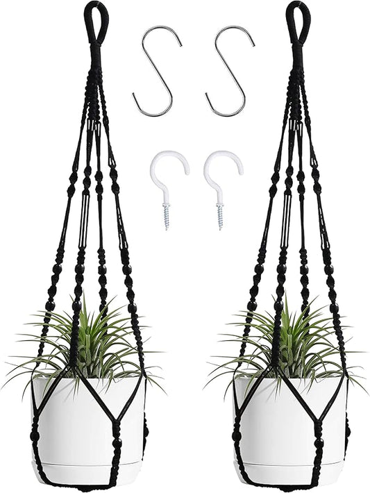 Macrame Plant Hanger Indoor Hanging with Wood Beads Macrame Planters No Tassel for Indoor Outdoor Boho Home Decor 35 Inch (Black,2pcs)
