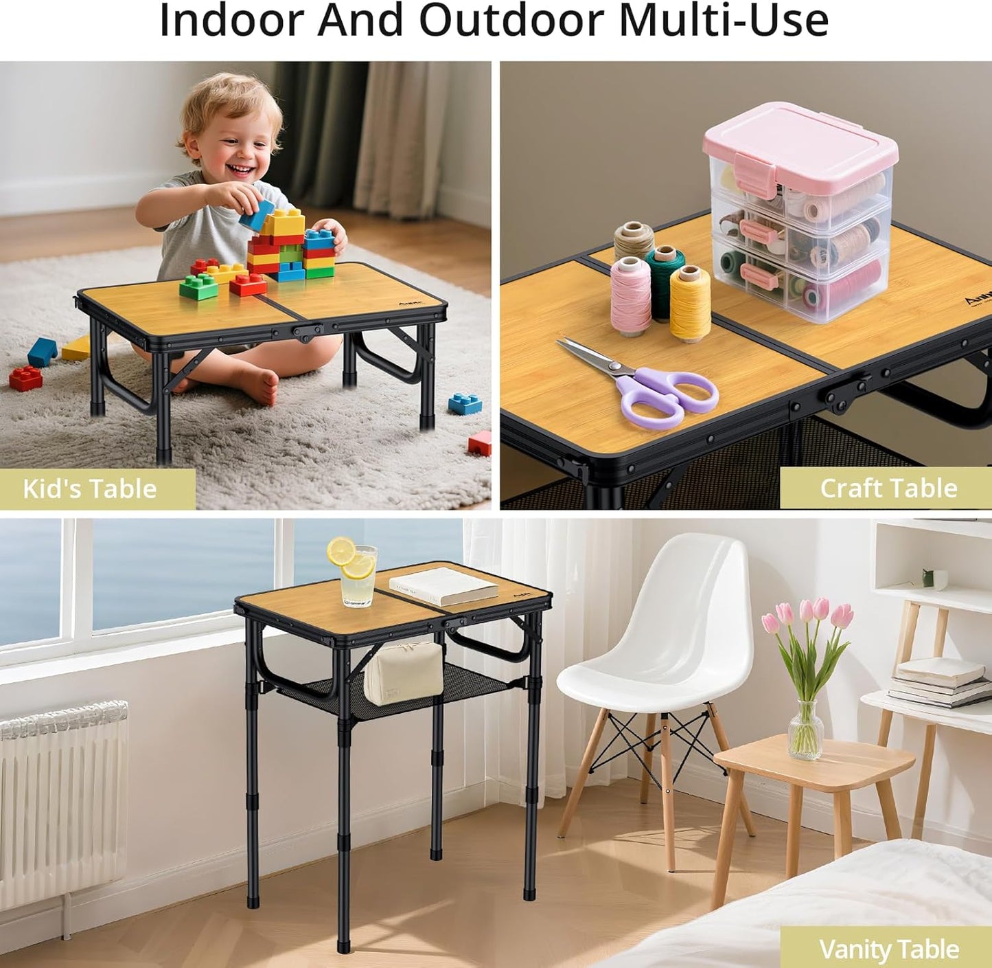 2ft Camping Table Foldable with Storage Net, 3 Adjustable Heights Aluminum Small Folding Table, Lightweight, Portable Handle, for Travel Outdoor Beach Camping Picnic, 23.2" x 16", Yellow