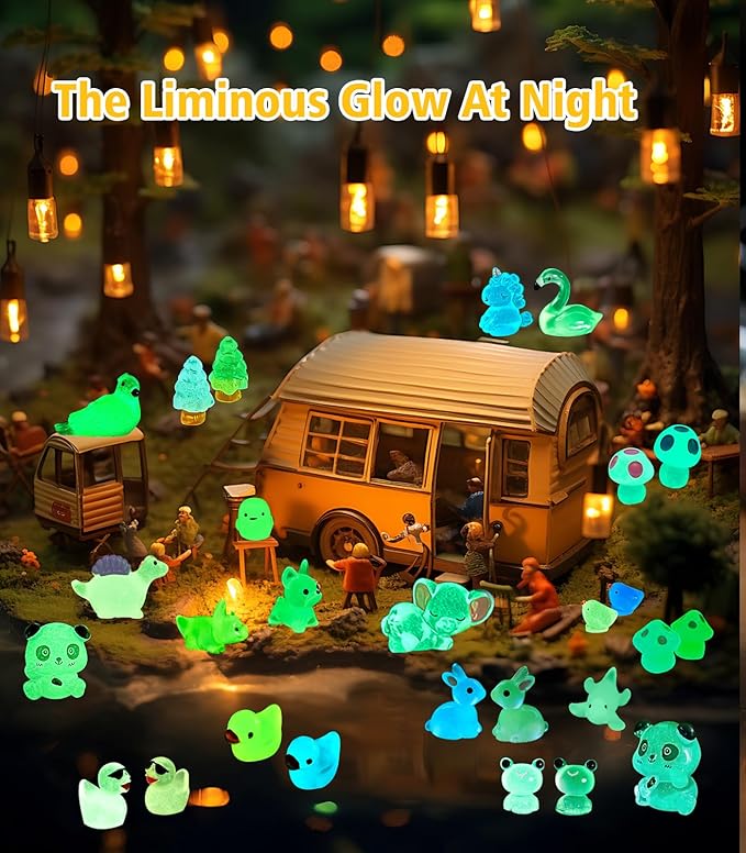 120 Pack Various Luminous Mini Resin Animals, Mini Ducks Dinosaurs Tiny Frogs Pandas Small Mushroom Miniature Figurines Glow in The Dark for DIY Garden Micro Landscape Aquarium Potted Decor