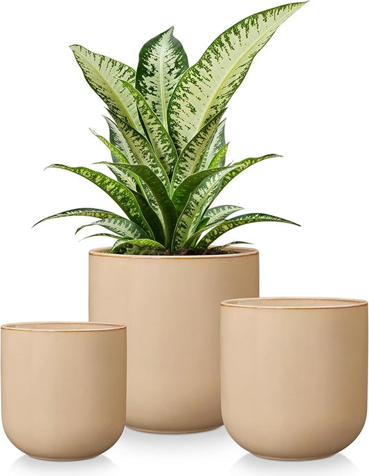 vancasso Ceramic Plant Pots, 4+5+6 inches, Set of 3, Planters with Drainage Hole, Flower Pots Planters Pots for Indoor Plants, Modern Indoor Decorative Garden Pot, Home Decor, Brown