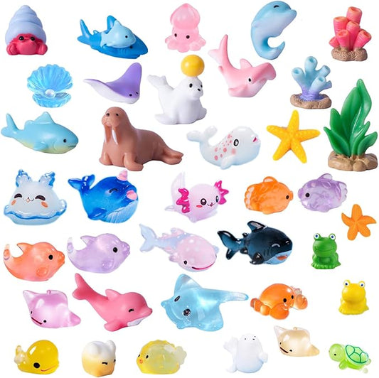 45 Pcs Mini Ocean Resin Animals Marine Miniature Animals Figurines Tiny Sea Animals Small Plastic Animals Micro Aquarium Ornaments Décor for DIY Fish Tank Fairy Garden Dollhouse Accessories