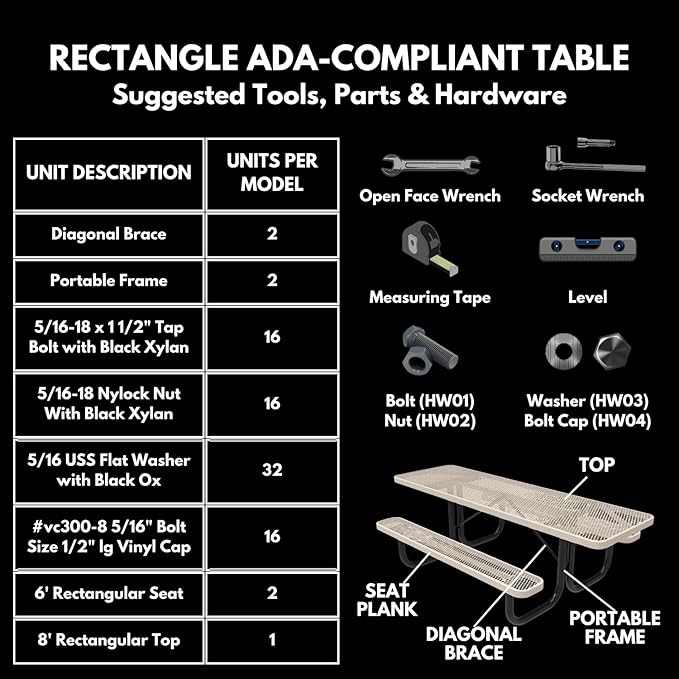 Coated Outdoor Furniture Heavy-Duty Portable ADA-Compliant Outdoor Picnic Table, Expanded Metal Patio Dining Furniture Made in America (8ft Rectangular, Both-Side Handicap, Textured Grey)
