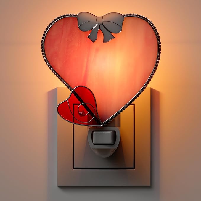KY&BOSAM Plug in Pink Heart Night Light Stained Glass Nightlight Decorative Wall Night lights with On/Off Switch Come with 7 Watt Bulb Mother`s Christmas Valentine`s Holiday Spring & Winter Home Decor