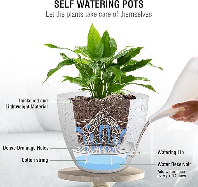 10 inch Self Watering Hanging Planters, 2 Pack Hanging Baskets for Indoor Outdoor Plants, Hanging Flower Pots with Drainage Holes and 2 Kinds of Plant Hangers for Garden Decor, Speckled White