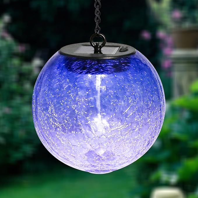Hanging Solar Lights Outdoor Solar Lanterns Outdoor Decorative Cracked Glass Ball Lights Solar Powered Waterproof LED Globe Lantern for Outdoor Porch Patio Garden Decor Gift Purple
