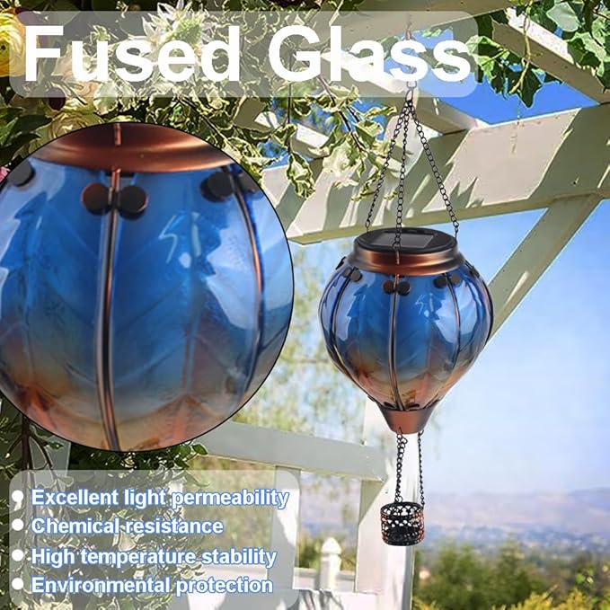 Hot Air Balloon Solar Lantern with Flickering Flame Hanging Solar Lanterns Outdoor Lights Waterproof Lanterns Decorative Garden Patio Yard Party Decor Blue