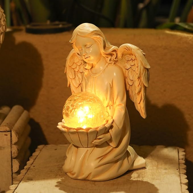 Angel Statues for Garden - Guardian Ange with Light - 8.3" Waterproof Outdoor Angel Memorial Scupture, Solar Angels Figurines Holding Glass Balls for for Patio, Yard, or Cemetery