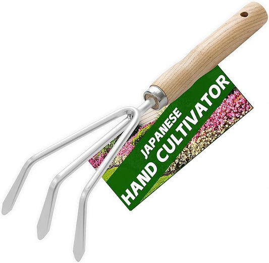 Japanese Hand Cultivator Garden Tool - Hand Rake - Garden Cultivator Hand Tools for Weeding and Turning Soil, Heavy Duty Stainless Steel Blade Gardening Hand Tool with Hang Hole