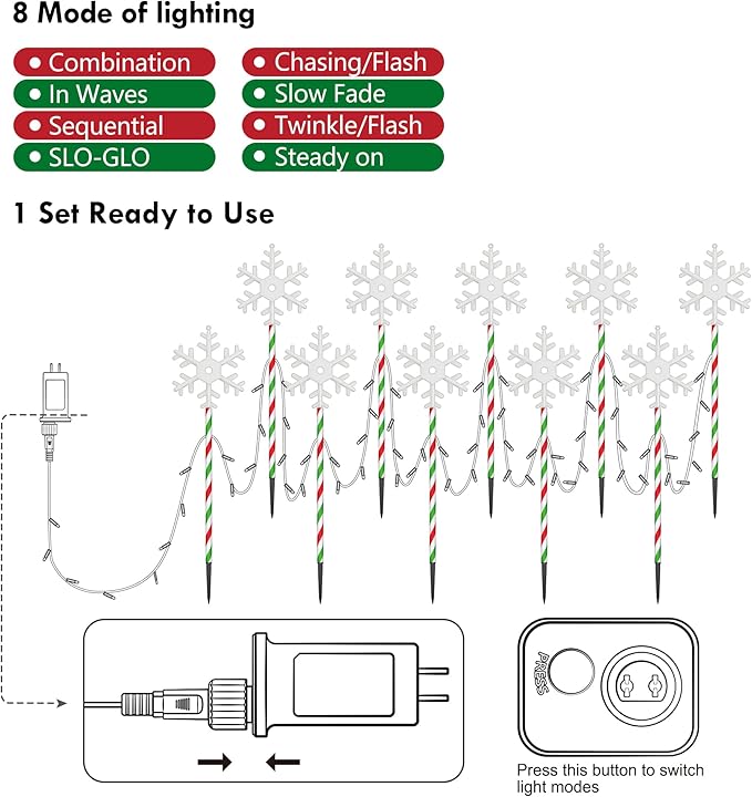 Christmas Pathway Lights Snowflake Outdoor 10PK 28inch 250LED 8 Modes Yard Decoration Flashing Waterproof Outdoor Lighted Up Christmas Light Decor for Garden Yard (R&G)