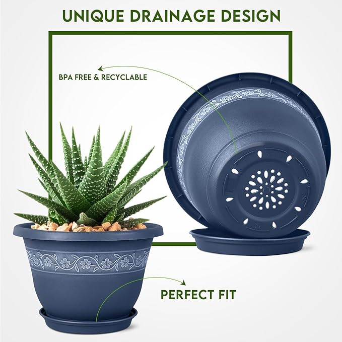 8 Inch Plant Pots with Drainage Hole - Lightweight Flower Pots for Herbs and Flowers - Home Decor Plastic Planters for Indoor Outdoor Plants- Pack of 6 (Blue, 8 inch)