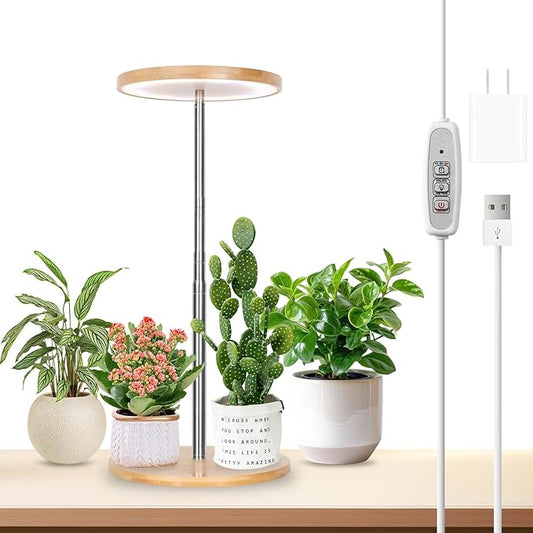 LORDEM Bamboo Grow Light, LED Plant Light for Indoor Plants Growing, Full Spectrum Bamboo Desk Growth Lamp with Automatic Timer for 4H/8H/12H, 4 Dimmable Levels, Height Adjustable