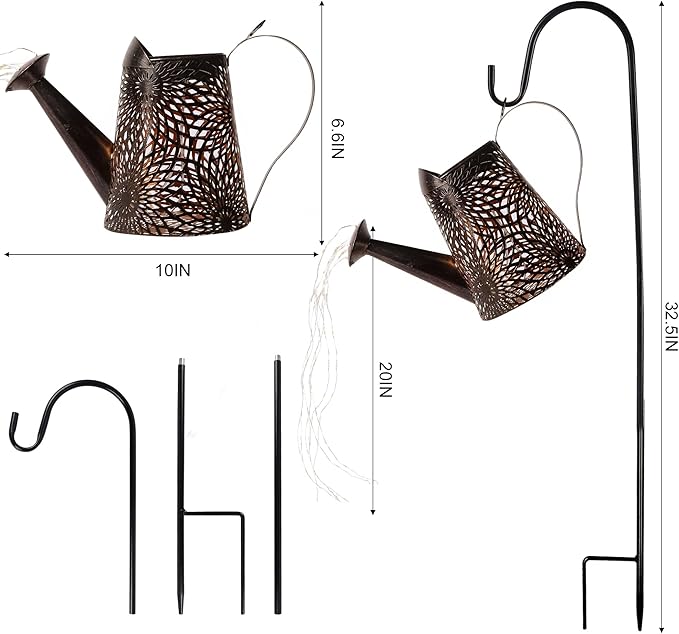 Glintoper 2 Pack Outdoor Solar Watering Can Garden Lights, Metal Waterfall Figurine Lights with Shepherd Hook, Decorative Yard Art for Mom, Mothers Day Ideal Gifts, for Patio Walkway Pathway Lawn