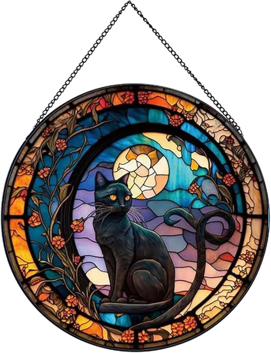 Black Cat Stained Glass Window Hangings,Suncatcher Stained Glass for Windows for Cat Lovers,20cm/7.87inch Hand-Painted Sun Catcher Garden Hangings Halloween Fall Christmas Decor for Home