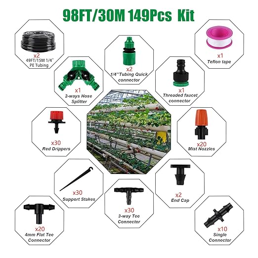 Garden Drip Irrigation Kit,98FT/30M 149Pcs Plants Misting System for Lawn Patio Automatic Irrigation Equipment with 1/4" Blank Distribution Tubing Hose Adjustable Nozzle Emitters Sprinkler