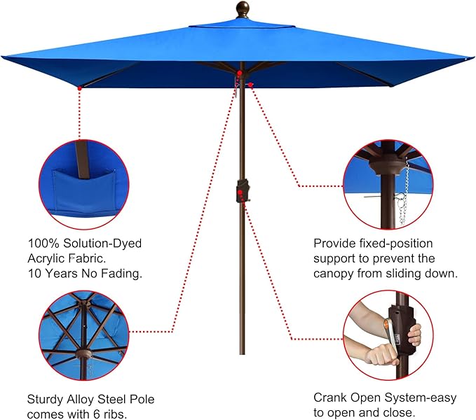 EliteShade USA 10-Year-Non-Fading 6.5x10Ft Rectangular Market Umbrella Patio Umbrella Outdoor Table Umbrella with Ventilation（Royal Blue）