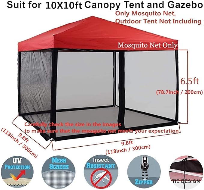10x10 Mosquito Net with Zipper for Patio Camping Gazebo and Canopy Tent, Outdoor Gazebo Replacement Mosquito Netting Tent Screen Wall, Ultra Fine Mesh(Only Net No Frame)