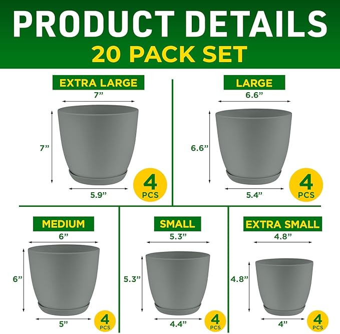 Planter Pots with Drainage Holes - Lightweight, Durable & Space-Saving Pots for Indoor and Outdoor - Versatile Functionality, Simple Modern Design, Set of 20 Plastic Planter Pots - Gray