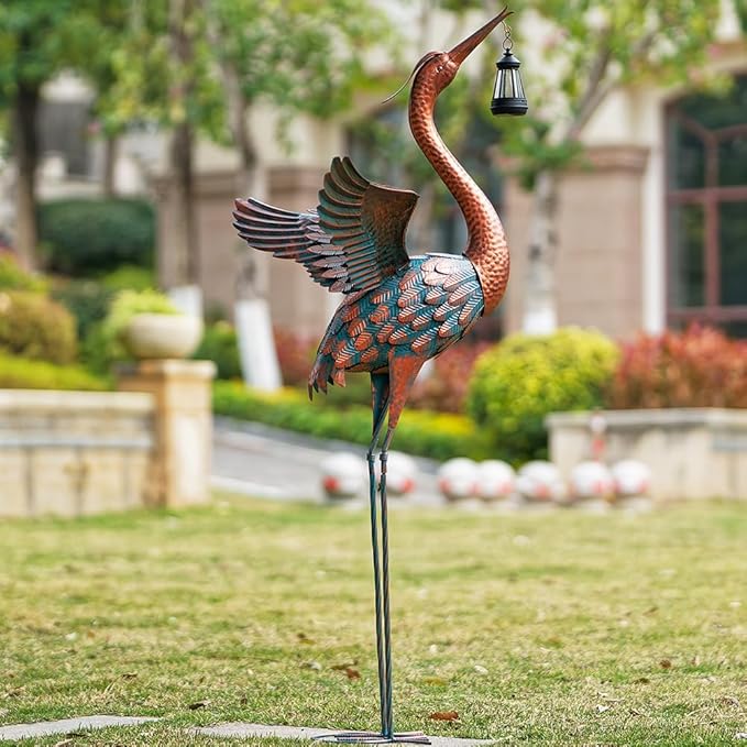 48'' Heron Garden Statue, Large Crane Outdoor Statue with Solar Lantern, Crane Bird Metal Yard Art for Outside Backyard, Pond, Porch Decor