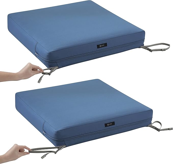 Classic Accessories Ravenna Water-Resistant 25 x 25 x 5 Inch Square Patio Seat Cushion Slip Cover & Foam, Empire Blue, Lounge Chair Cushion