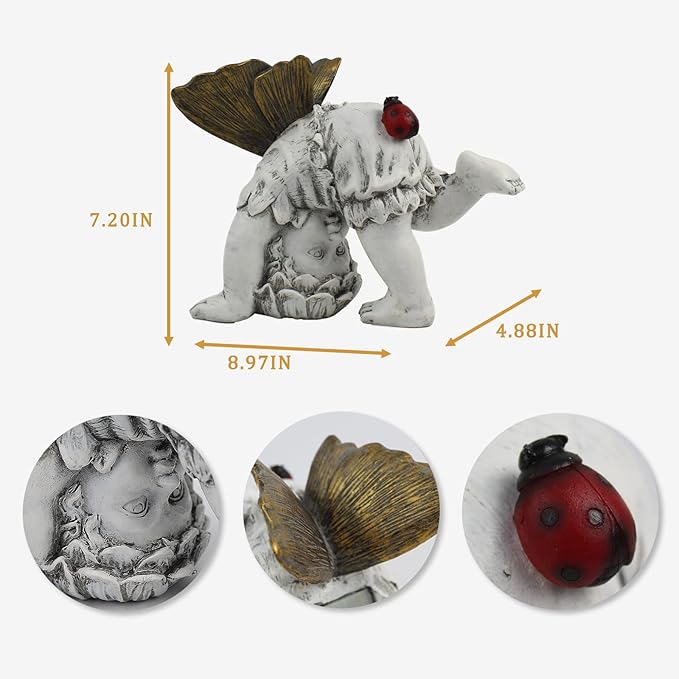 Garden Flower Fairy Outdoor Solar Decor, Resin Ornaments for Patio Lawn Yard Porch, Playful Garden Statue for Outside Angel Gifts, 8.98 Inches Tall