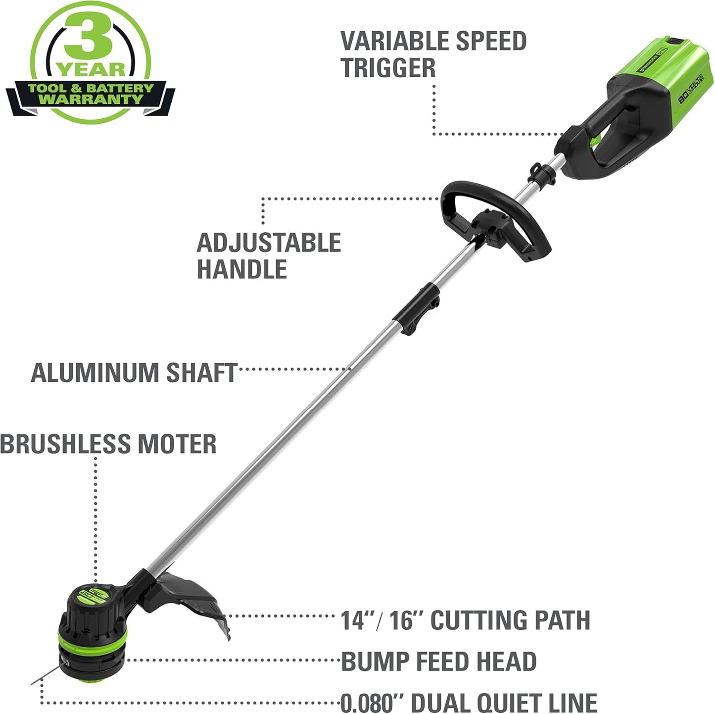 Greenworks 80V 16 inch Brushless String Trimmer, 2.0Ah Battery & Rapid Charger Included, ST80L210