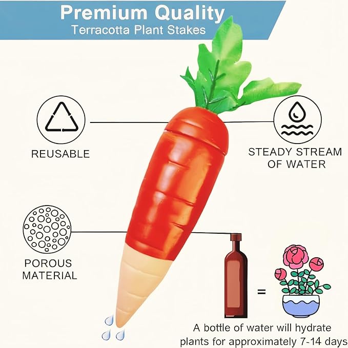 4-Pack Plant Watering Spikes with Lids，Self Watering Spikes, Plant Water Seepage Device, Cute Carrot Shape，Clay Plant Garden Waterers for Vacations