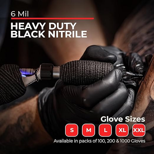 Heavy Duty 6 Mil Black Nitrile Gloves - Disposable, Latex & Powder Free | Mechanic, Food Prep & Tattoo | Rubber Gloves for Cooking, Cleaning & Household |Bulk Case of (1000)