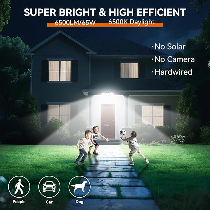 65W LED Flood Lights Outdoor, 6500LM, Waterproof, 6500K Motion Sensor Flood Lights Outdoor with Adjustable 3 Head Detected Floodlight for Outside Entryway Garage, Yard, Porch