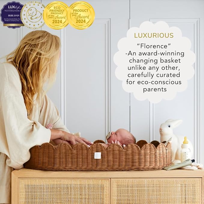 BEBE BASK Premium Baby Changing Basket - Artisan-Crafted Scalloped Rattan - Changing Basket for Baby Dresser - All Accessories Included - Complete Set for Nursery (Mocca)